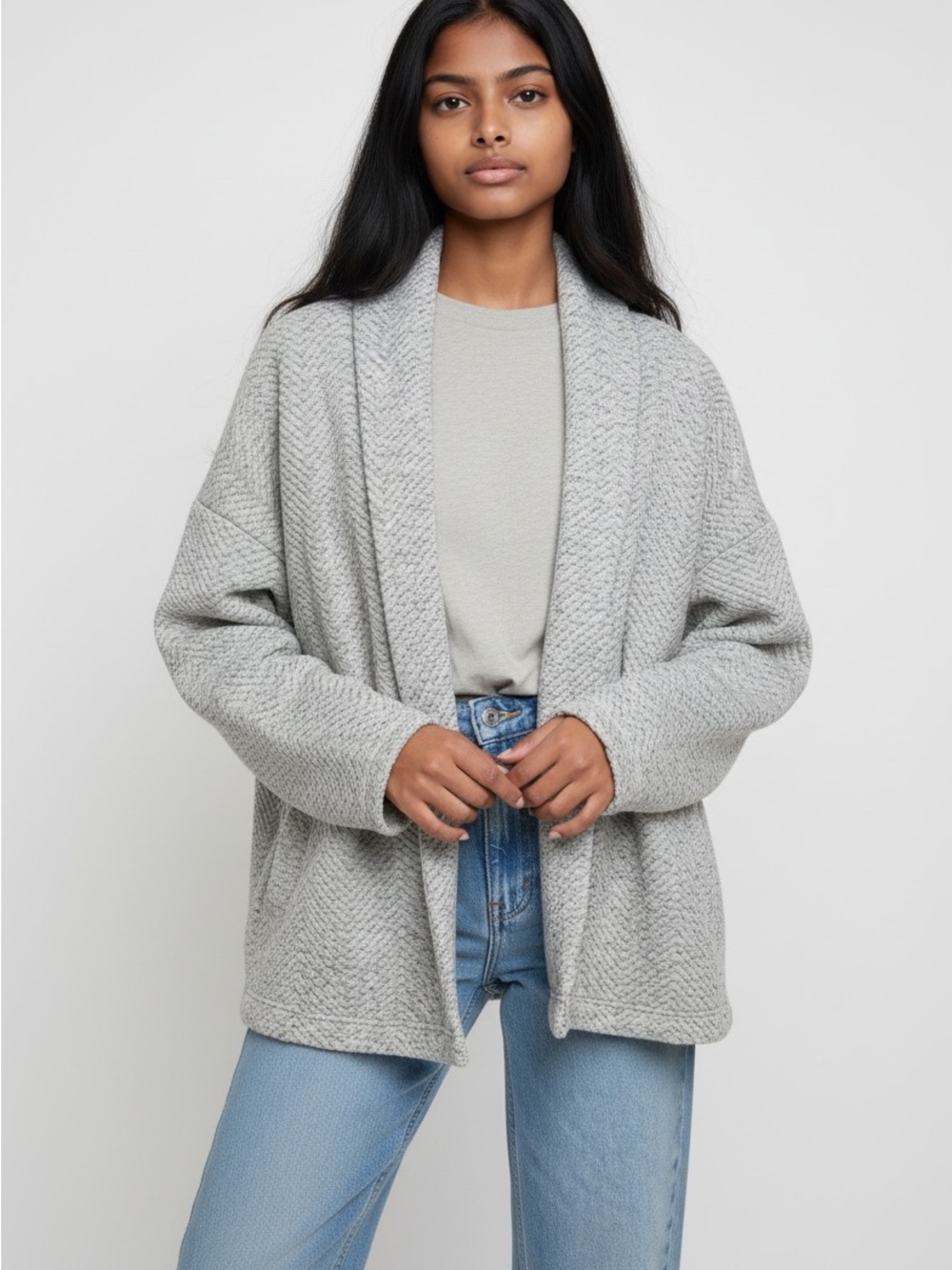 Fabletics Light Gray Teddy Open-Front Jacket